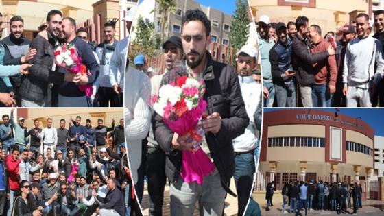 بالصور: إطلاق سراح الطالب”سفيان أحدادا” وسط استقباله من طرف نشطاء وطلبة وأفراد من عائلته امام المحكمة